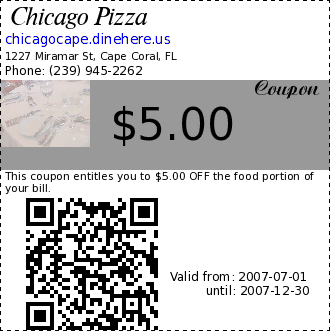Chicago Pizza coupon : This coupon entitles you to $5.00 OFF the food portion of your bill.Minimum purchase of $20.00. Tax, alcohol excluded. Present prior to ordering. Not valid for delivery